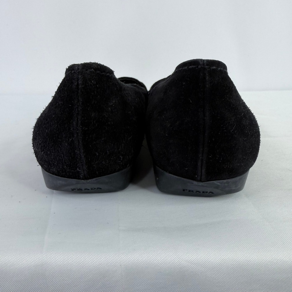 Prada Loafers Women Size 37 Black Suede Triangle Logo Flat Shoes Made in Italy - Picture 7 of 13